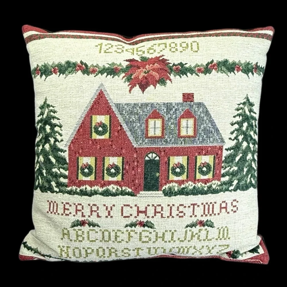 Merry Christmas Throw Pillow Tapastry Sampler Alphabet 15x15 Vintage Cottagecore